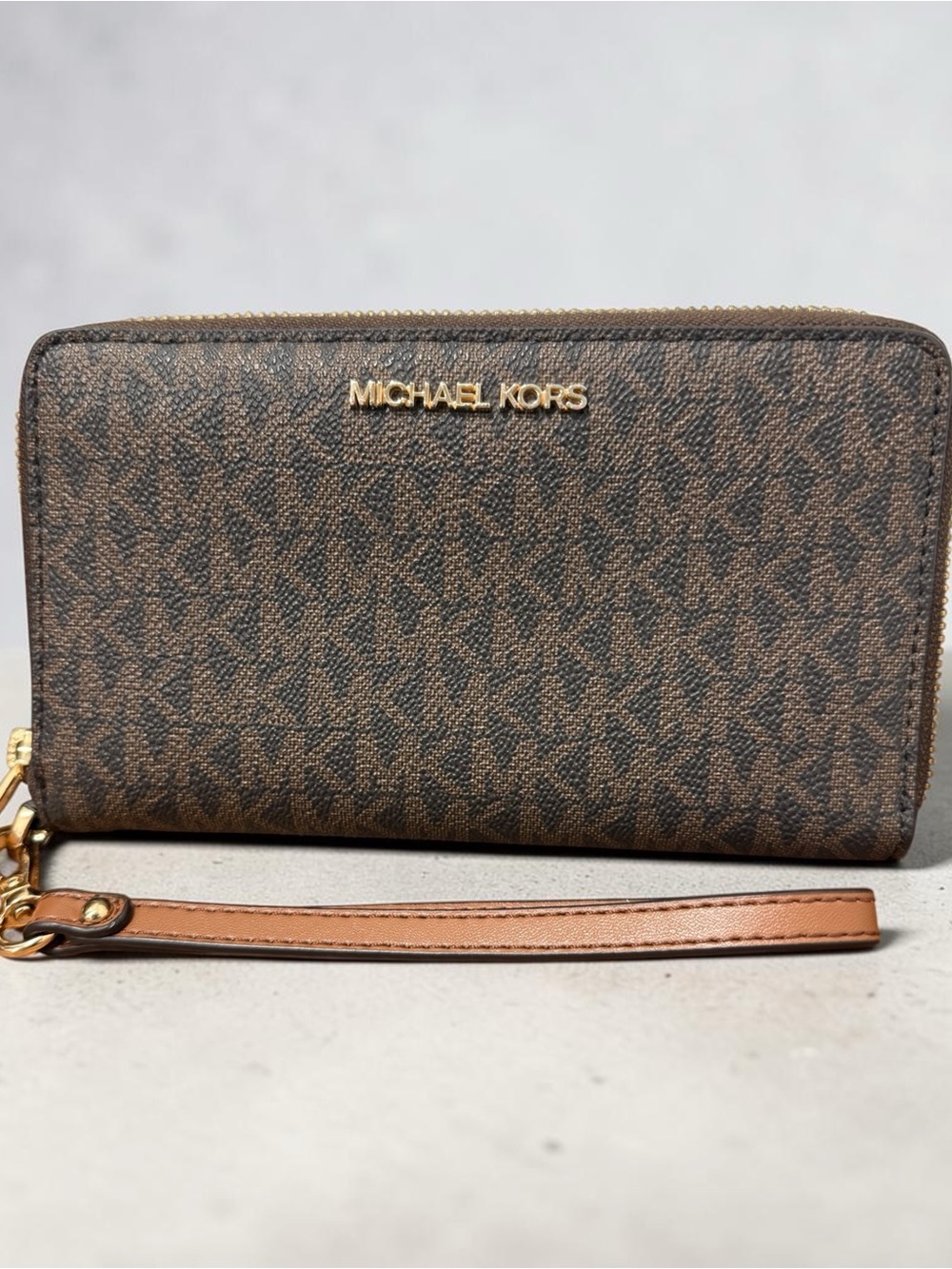 Michael Kors Brown Signature MK Zip Wristlet with Tan Strap